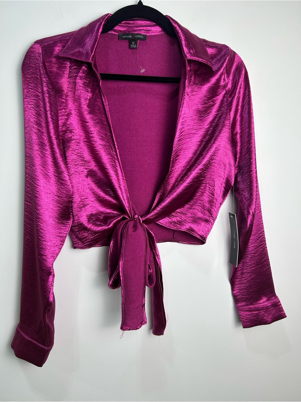 NWOT Moa Moa Magenta Satin Tie-Front Crop Top - Picture 4 of 5